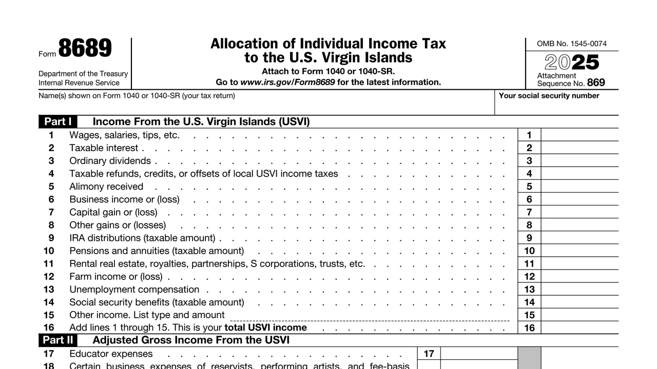 Top of page 1 of Form 8689: Allocation of Individual Income Tax to the U.S. Virgin Islands, as printed by IRS
