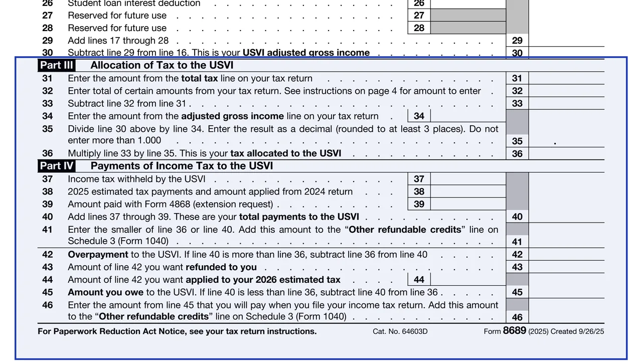 Part III: allocation of tax to the USVI on page 1 of Form 8689: Allocation of Individual Income Tax to the U.S. Virgin Islands, as printed by IRS