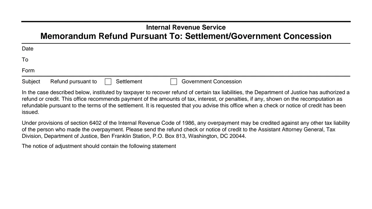 Top of page 1 of Form 8691: Memorandum Refund Pursuant To: Settlement/Government Concession, as printed by IRS