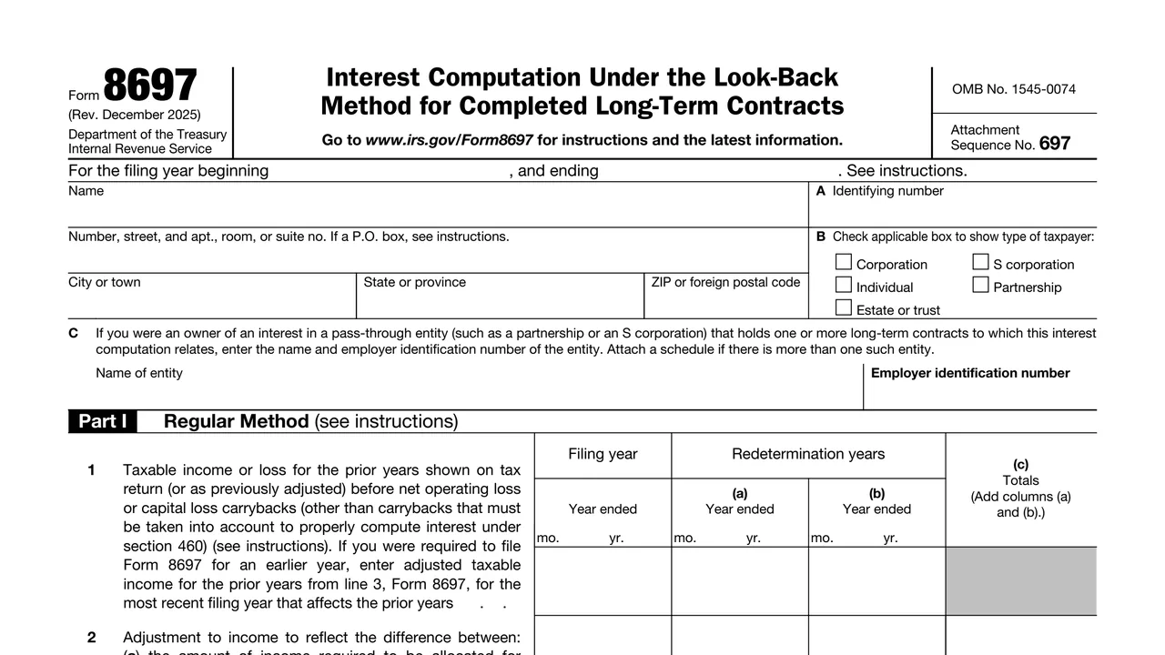 Top of page 1 of Form 8697: Interest Computation Under the Look-Back Method for Long-Term Contracts, as printed by IRS