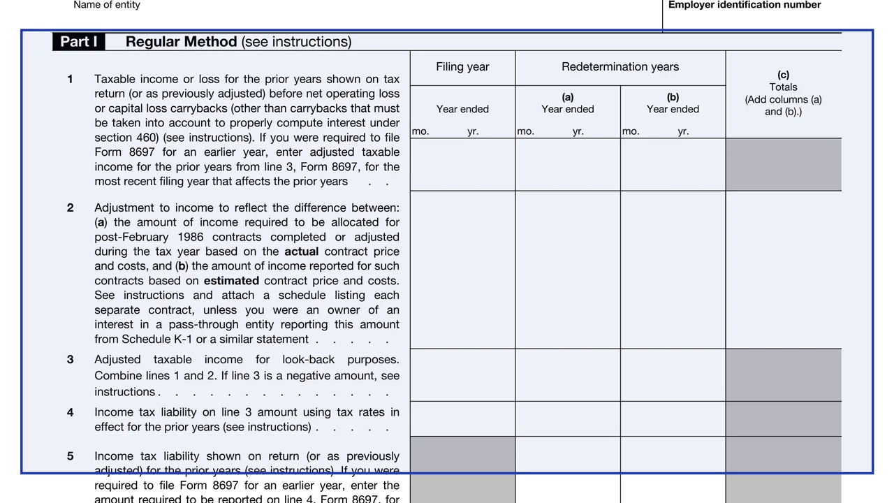 Part I or Part II on page 1 of Form 8697: Interest Computation Under the Look-Back Method for Long-Term Contracts, as printed by IRS