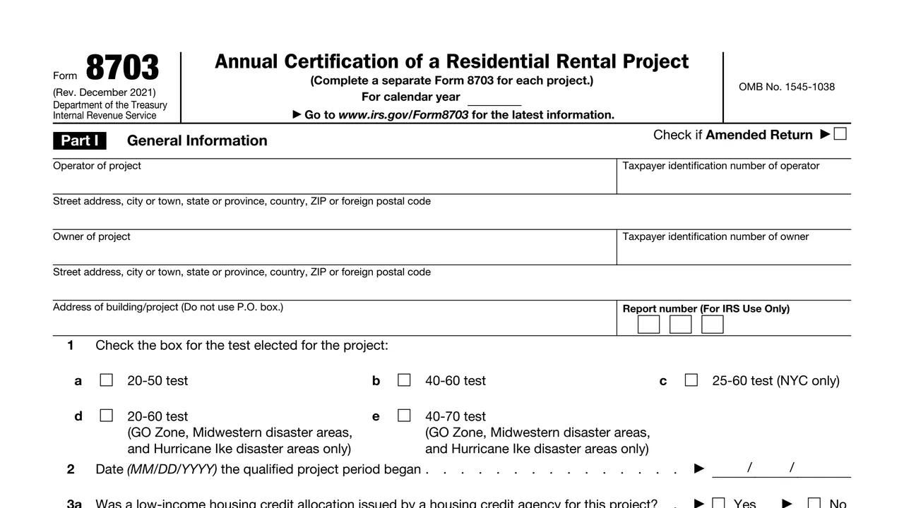 Top of page 1 of Form 8703: Annual Certification of a Residential Rental Project, as printed by IRS