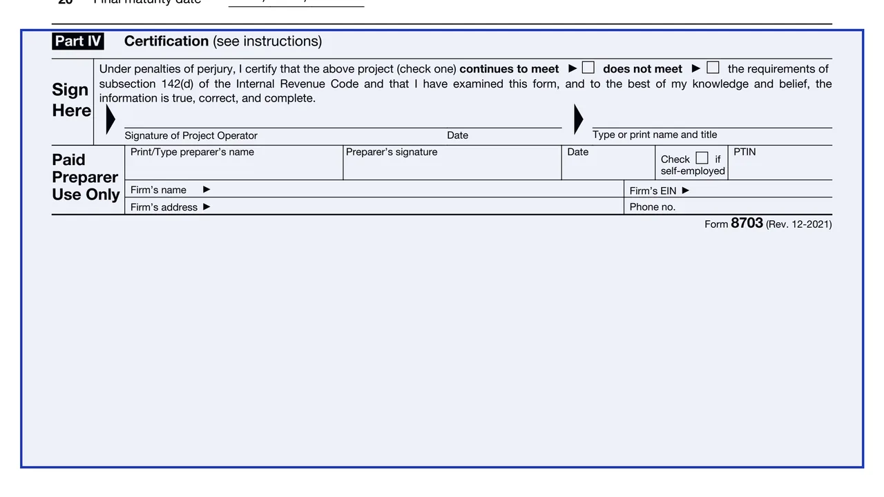 Part IV: Certification on page 2 of Form 8703: Annual Certification of a Residential Rental Project, as printed by IRS