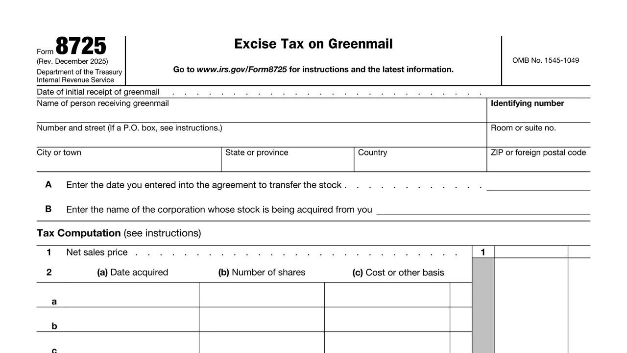 Top of page 1 of Form 8725: Excise Tax on Greenmail, as printed by IRS