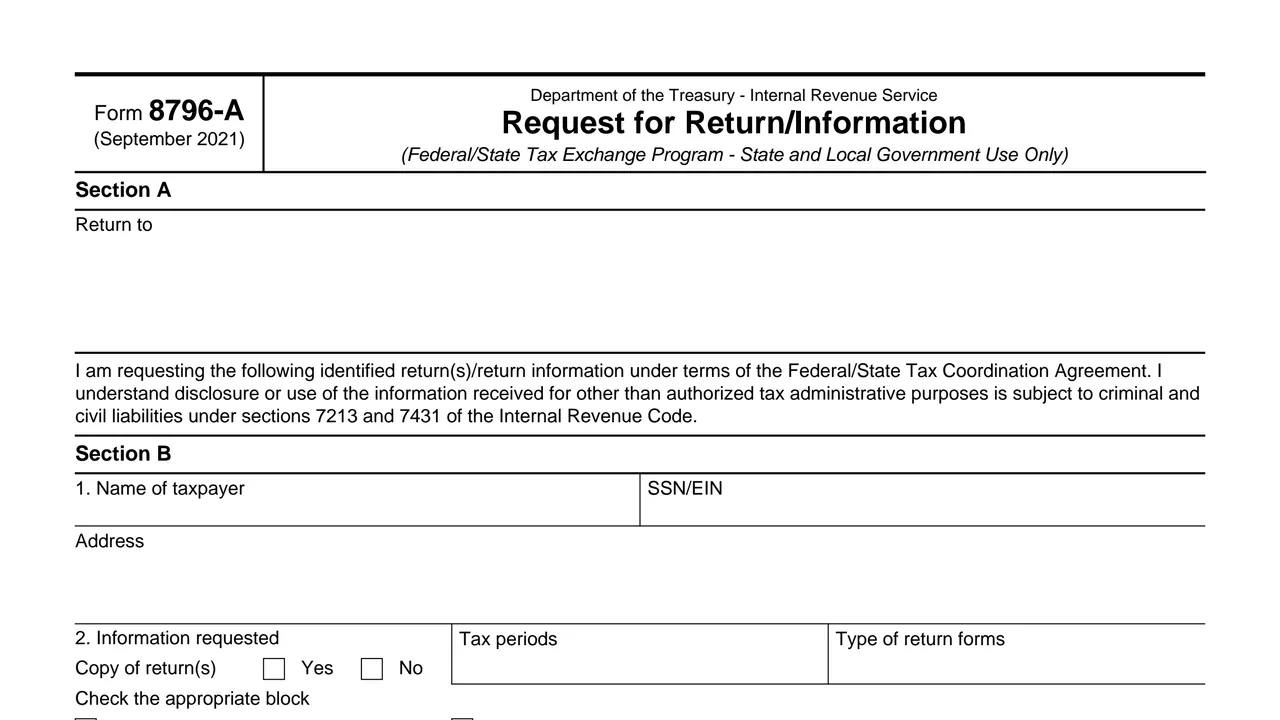 Top of page 1 of Form 8796-A: Request for Return/Information (Federal/State Tax Exchange Program), as printed by IRS