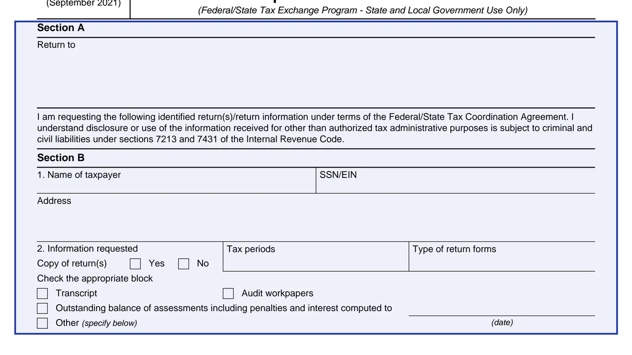 Section A: Return to on page 1 of Form 8796-A: Request for Return/Information (Federal/State Tax Exchange Program), as printed by IRS