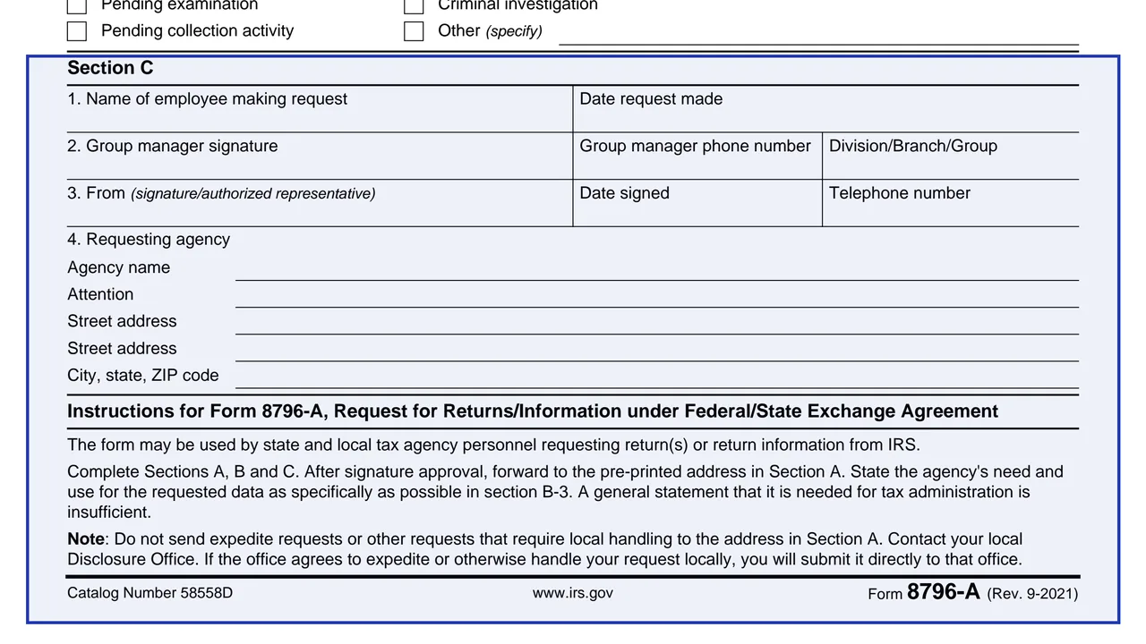 Section C on page 1 of Form 8796-A: Request for Return/Information (Federal/State Tax Exchange Program), as printed by IRS