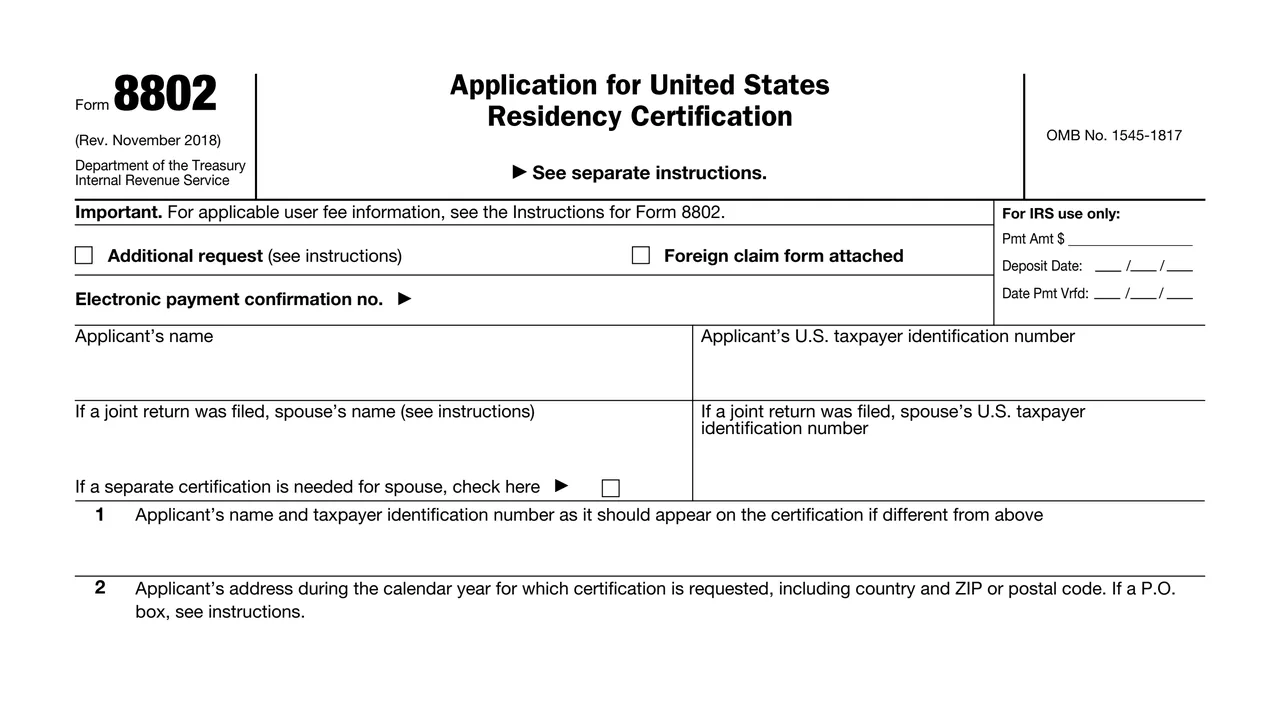 Top of page 1 of Form 8802: Application for United States Residency Certification, as printed by IRS