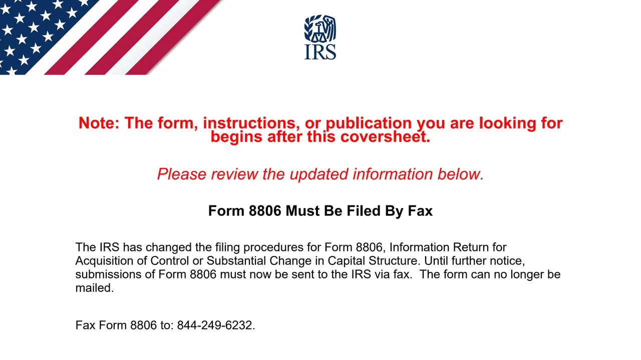 Top of page 1 of Form 8806: Acquisition of Control or Substantial Change in Capital Structure, as printed by IRS