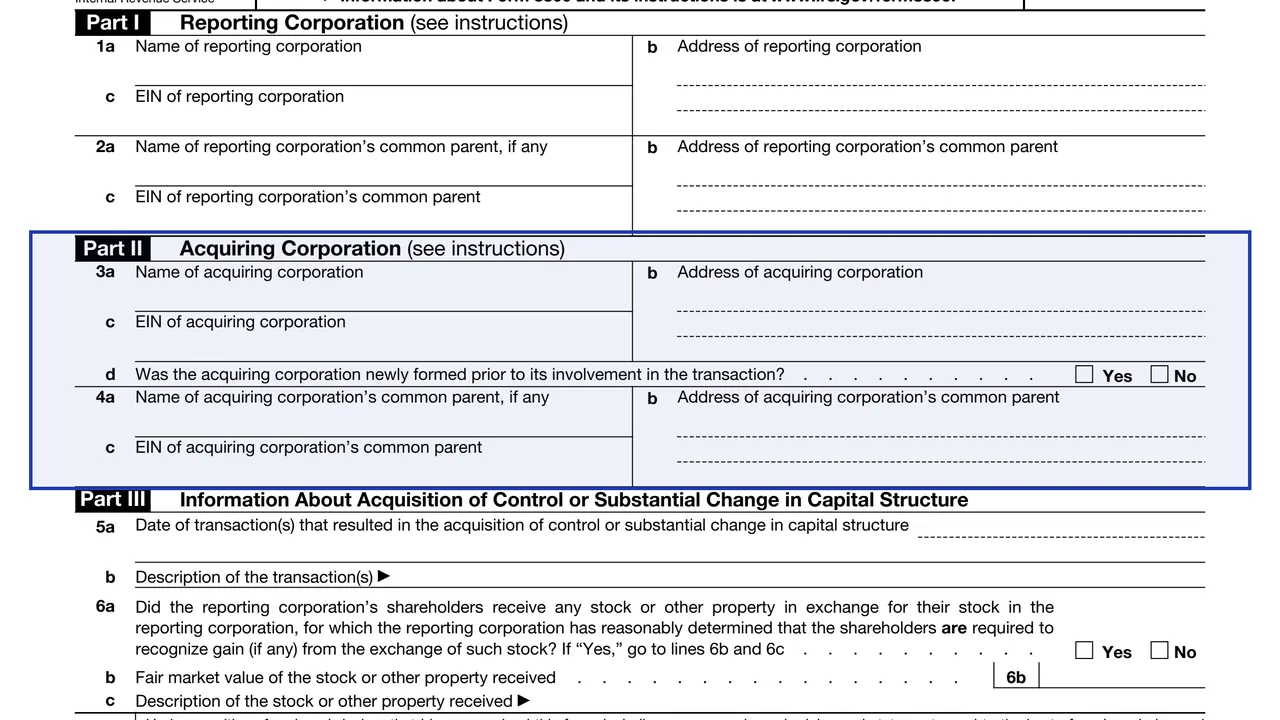 Part II: acquiring corporation on page 2 of Form 8806: Acquisition of Control or Substantial Change in Capital Structure, as printed by IRS