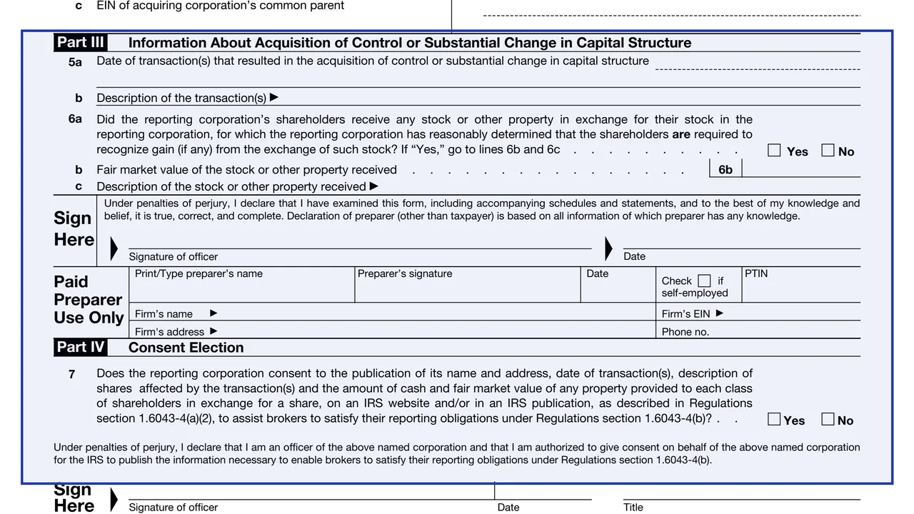 Part III: the transaction on page 2 of Form 8806: Acquisition of Control or Substantial Change in Capital Structure, as printed by IRS