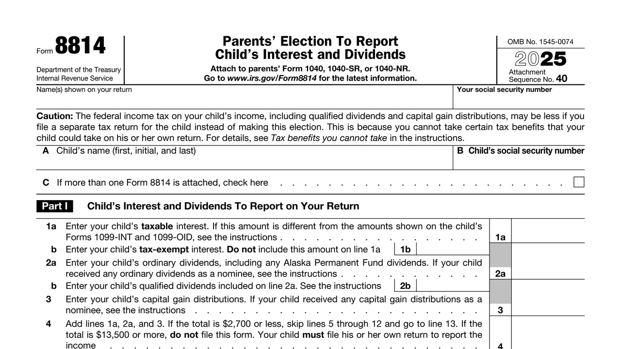 Top of page 1 of Form 8814: Parents' Election To Report Child's Interest and Dividends, as printed by IRS