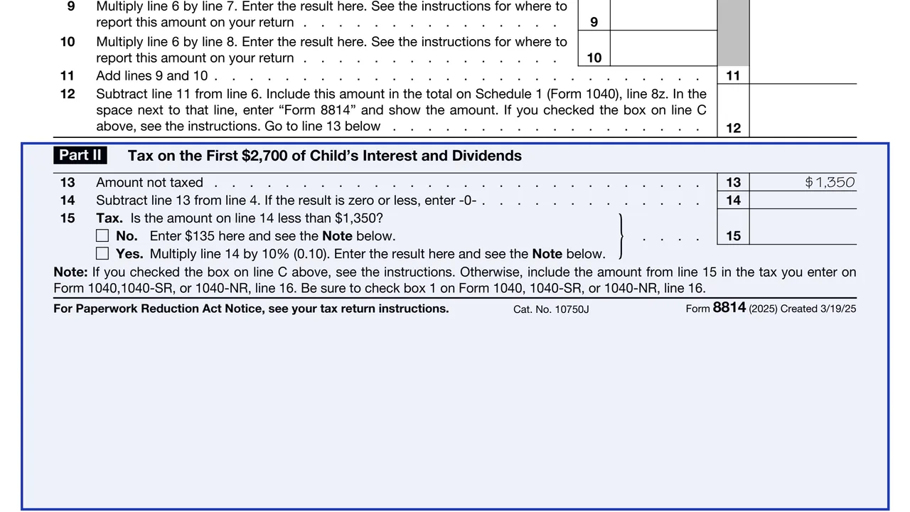 Part II: tax on the first $2,700 on page 1 of Form 8814: Parents' Election To Report Child's Interest and Dividends, as printed by IRS