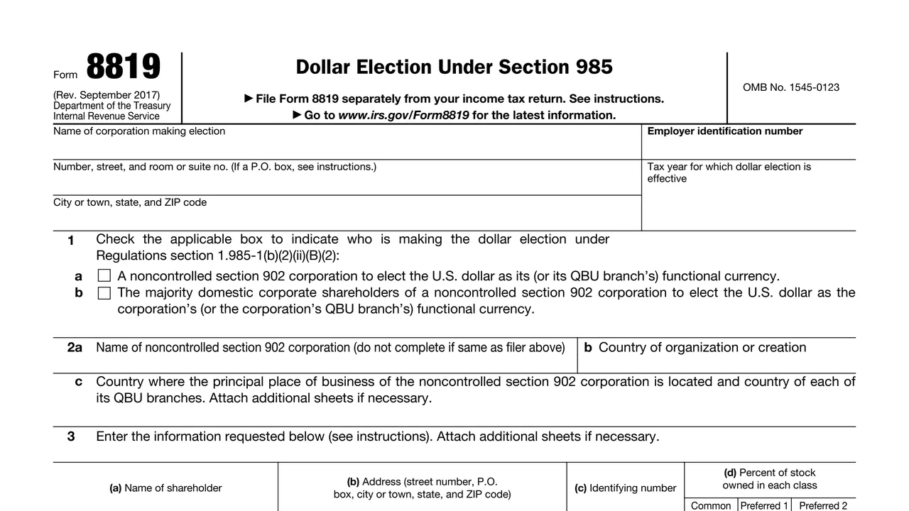 Top of page 1 of Form 8819: Dollar Election Under Section 985, as printed by IRS