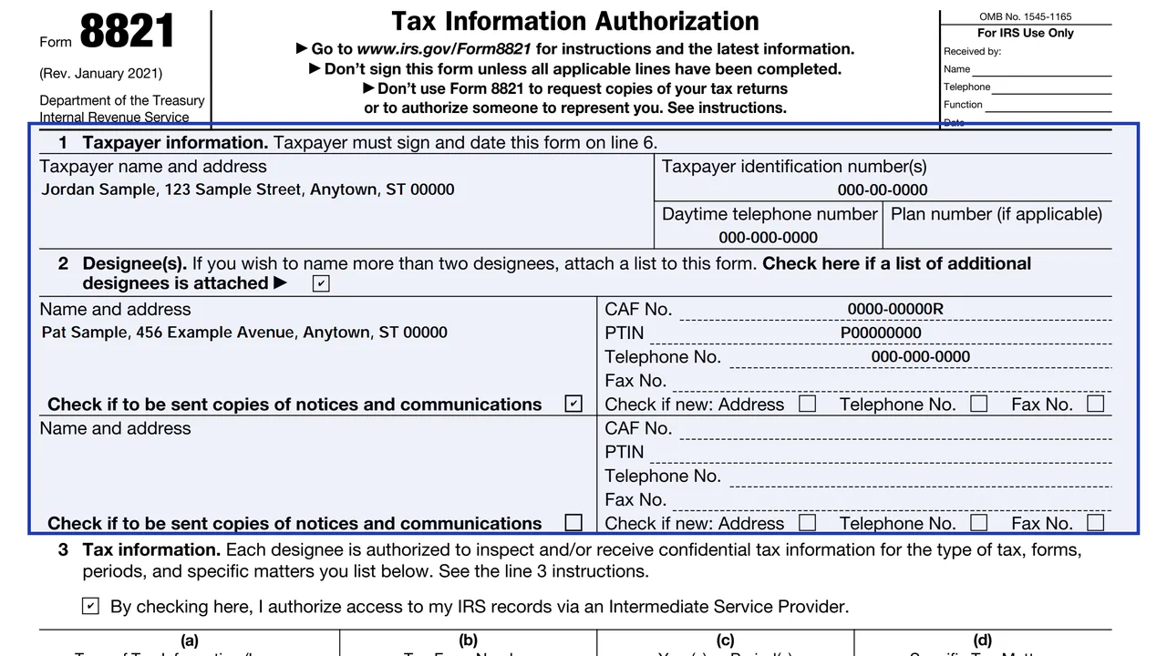 Page 1 of Form 8821 with line 1 taxpayer information and line 2 designees, sample values
