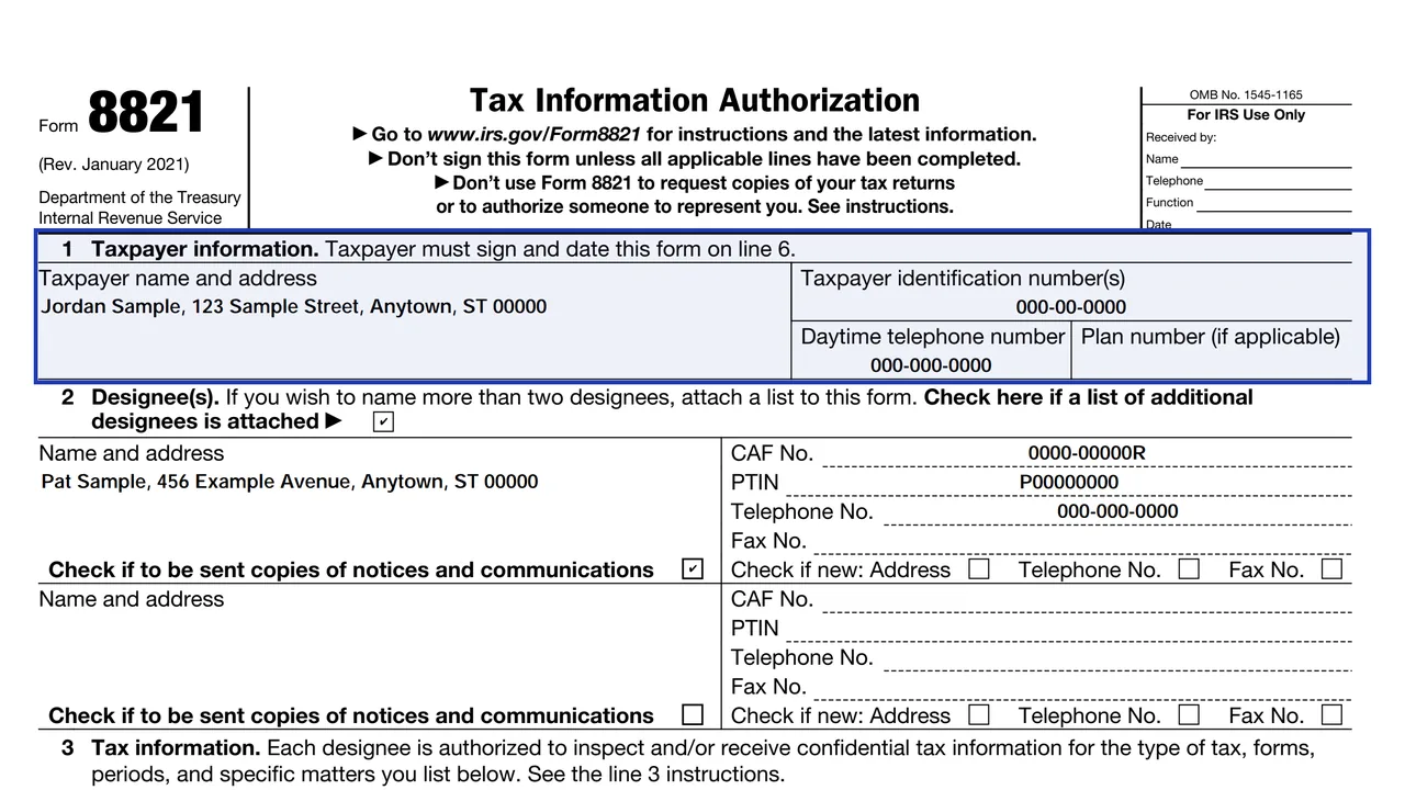 Line 1 of Form 8821 with the taxpayer's name, taxpayer number and address