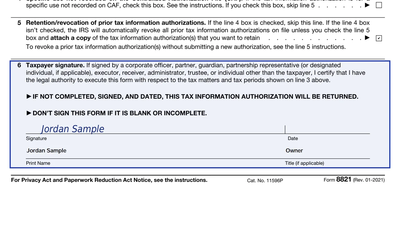 Line 6 of Form 8821 with the taxpayer's signature and date