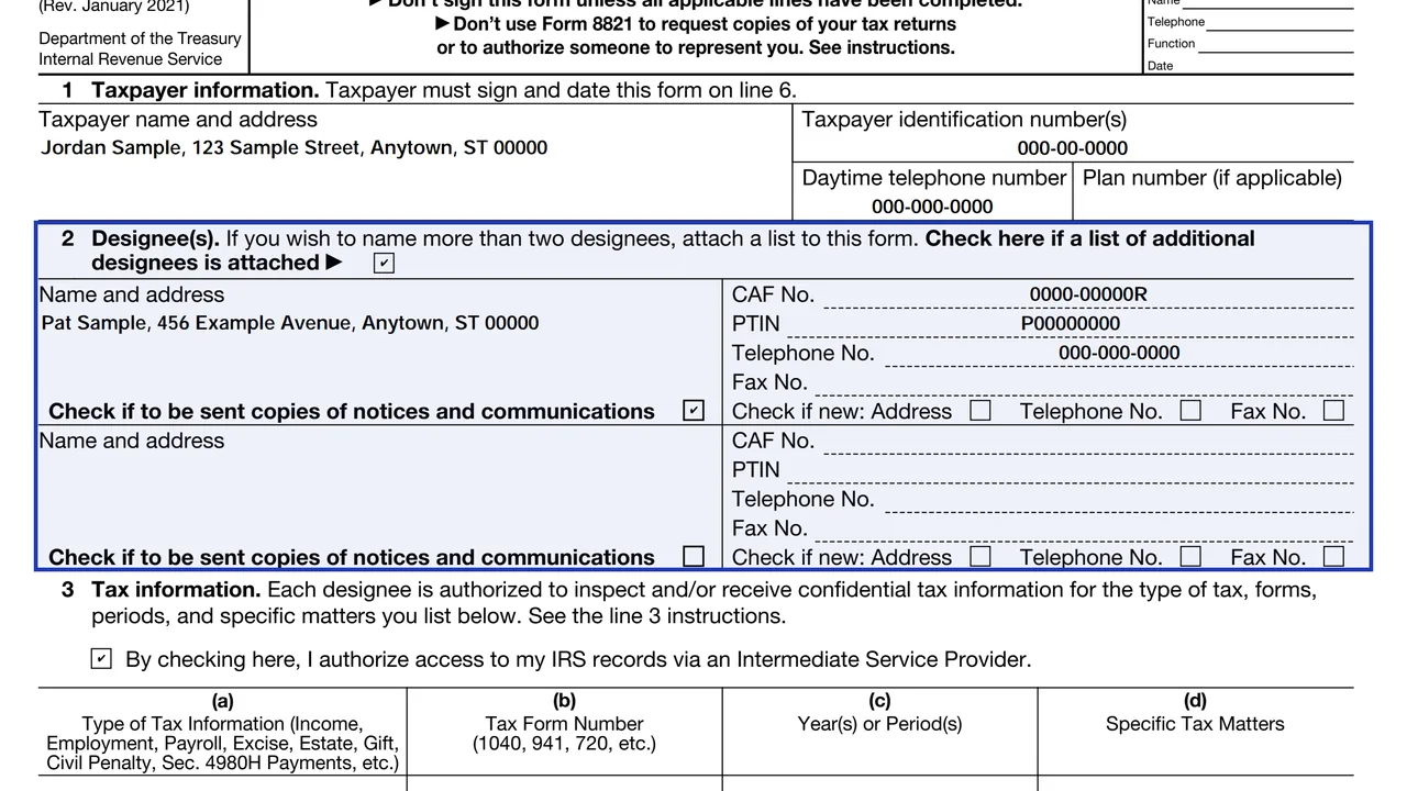 Line 2 of Form 8821 with a designee and a second designee attached on a list, sample names