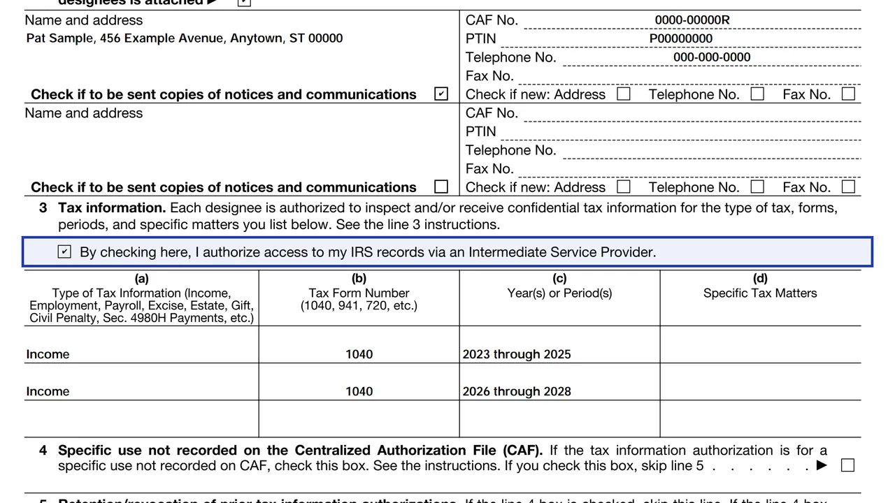 The intermediate service provider box on line 3 of Form 8821 being checked