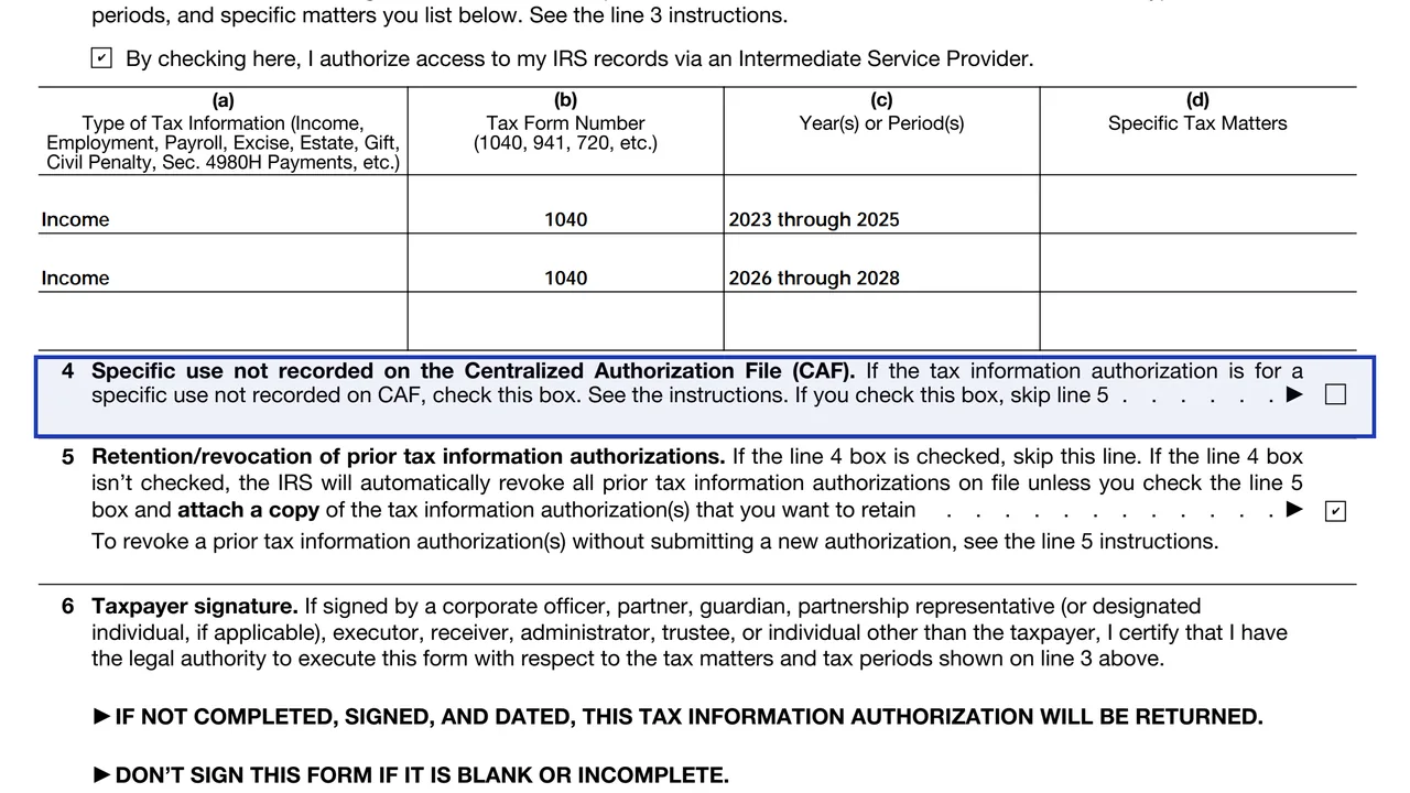 Line 4 of Form 8821, the specific use box to check for a lender's income check, which means line 5 is skipped