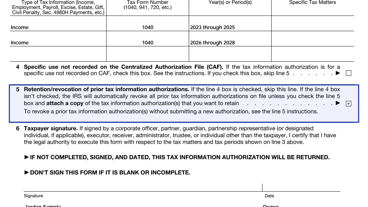 Line 5 of Form 8821 with the retain box checked so earlier tax information authorizations stay in effect