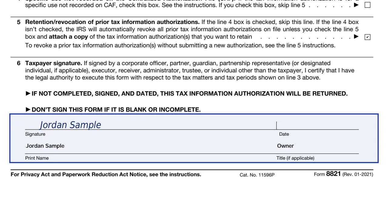 Line 6 of Form 8821 with the taxpayer's signature, print name and title, sample values