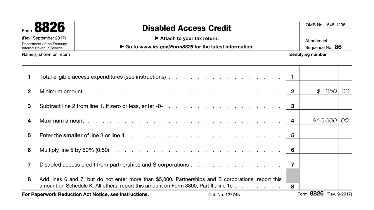 Top of page 1 of Form 8826: Disabled Access Credit, as printed by IRS