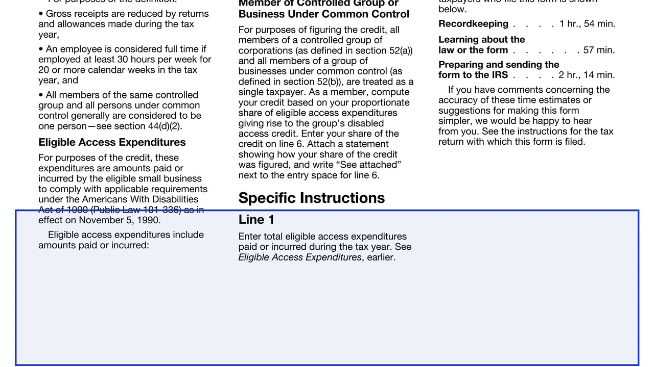 Line 1: total eligible access expenditures on page 2 of Form 8826: Disabled Access Credit, as printed by IRS