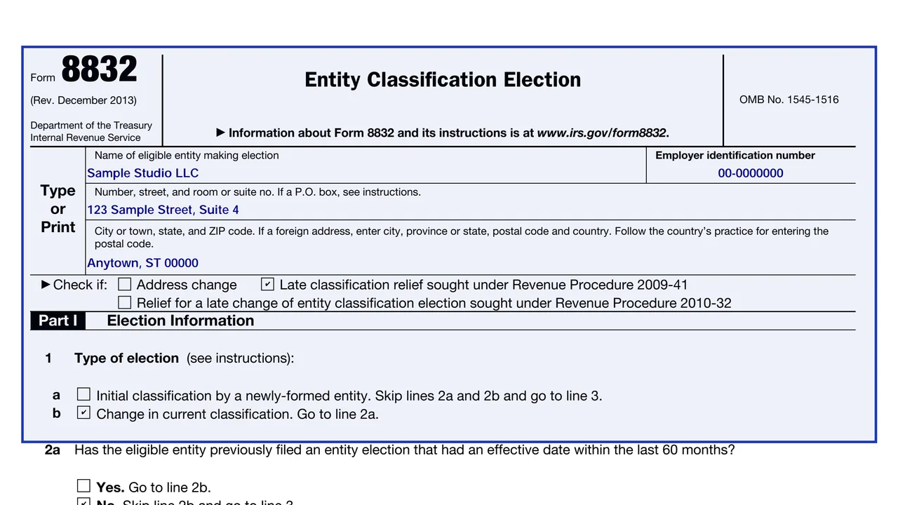 Page 1 of Form 8832 with the entity name and EIN, Part I election information and the type of election lines