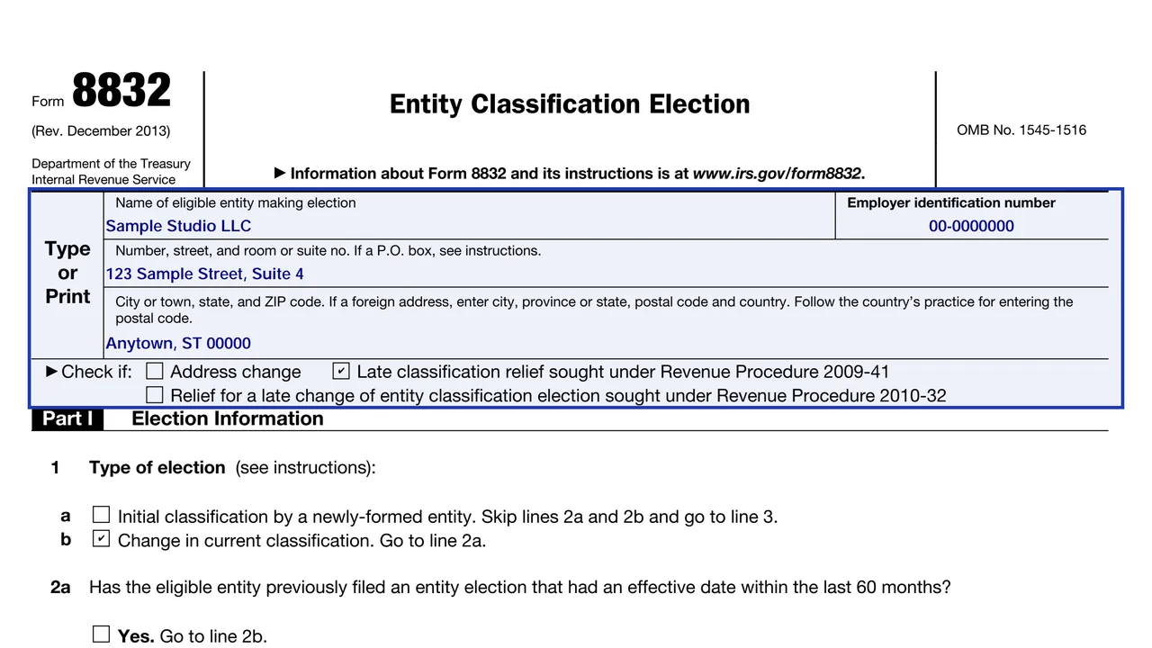 The top of Form 8832 with the eligible entity's name, address, EIN and the late relief check boxes