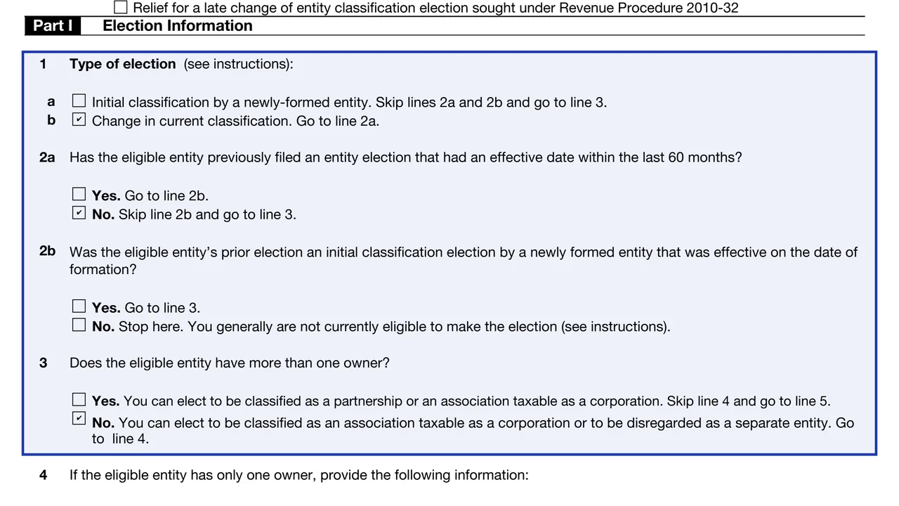 Lines 1 to 3 of Form 8832 with the type of election, the 60-month questions and the owner count, sample values