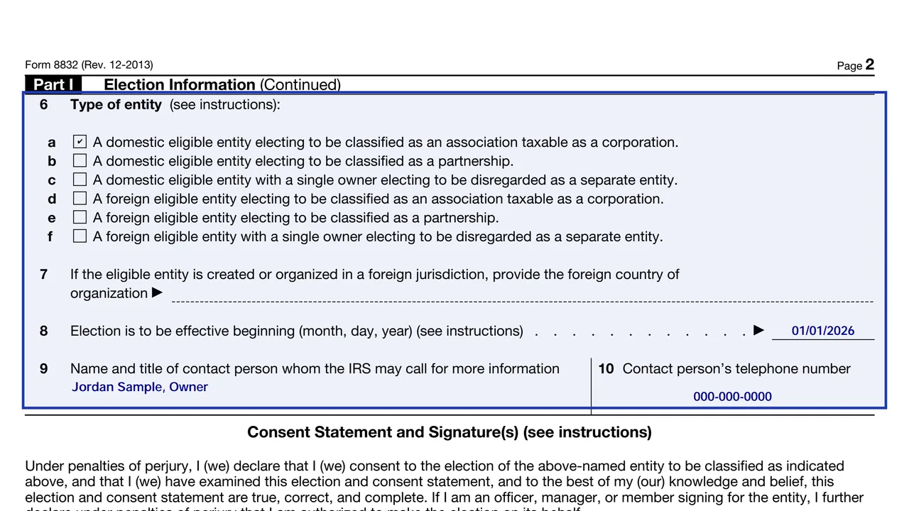 Lines 6 to 10 of Form 8832 with the entity type boxes, foreign country, effective date and contact person