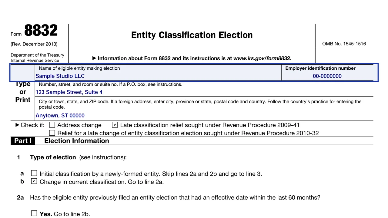 The name and EIN fields at the top of Form 8832 with a sample entity name and EIN, not Applied For
