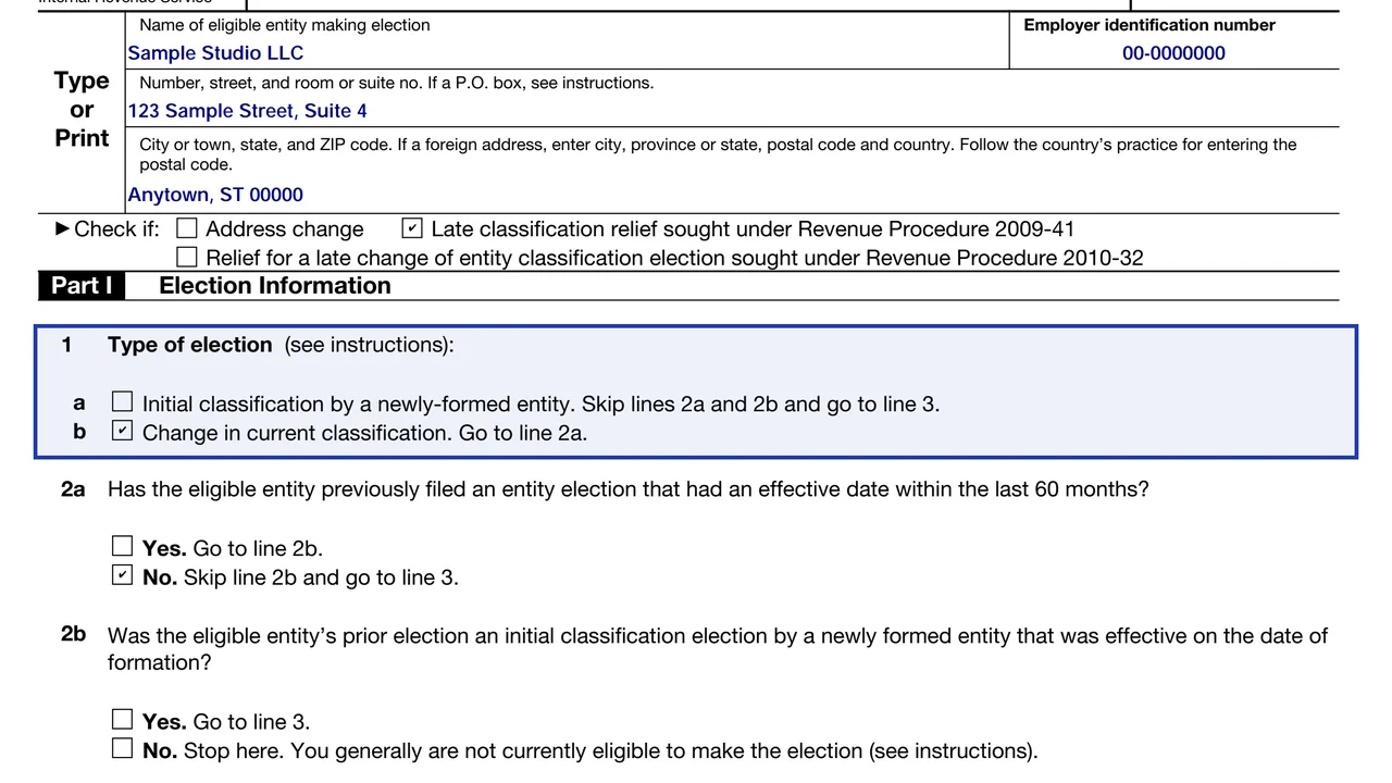 Line 1 of Form 8832 with box 1a for a first-time classification and box 1b for a change
