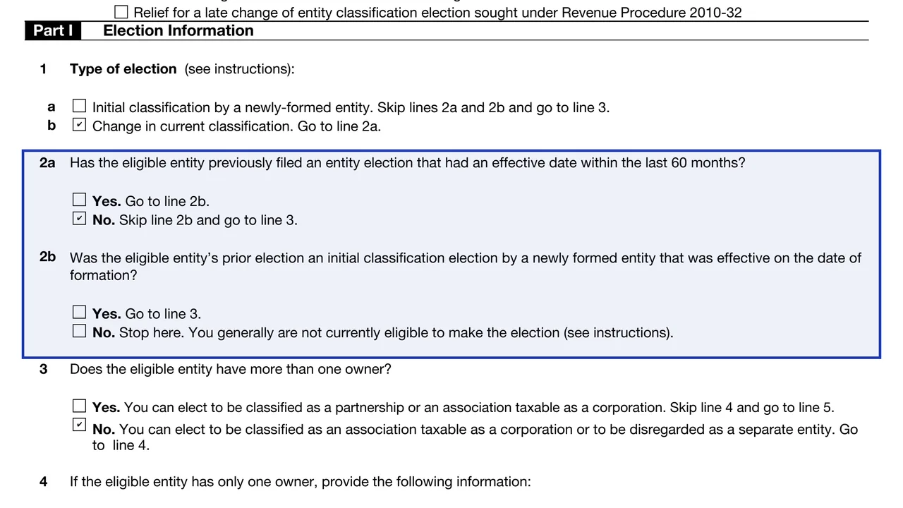Lines 2a and 2b of Form 8832 with the 60-month questions answered and the stop note visible