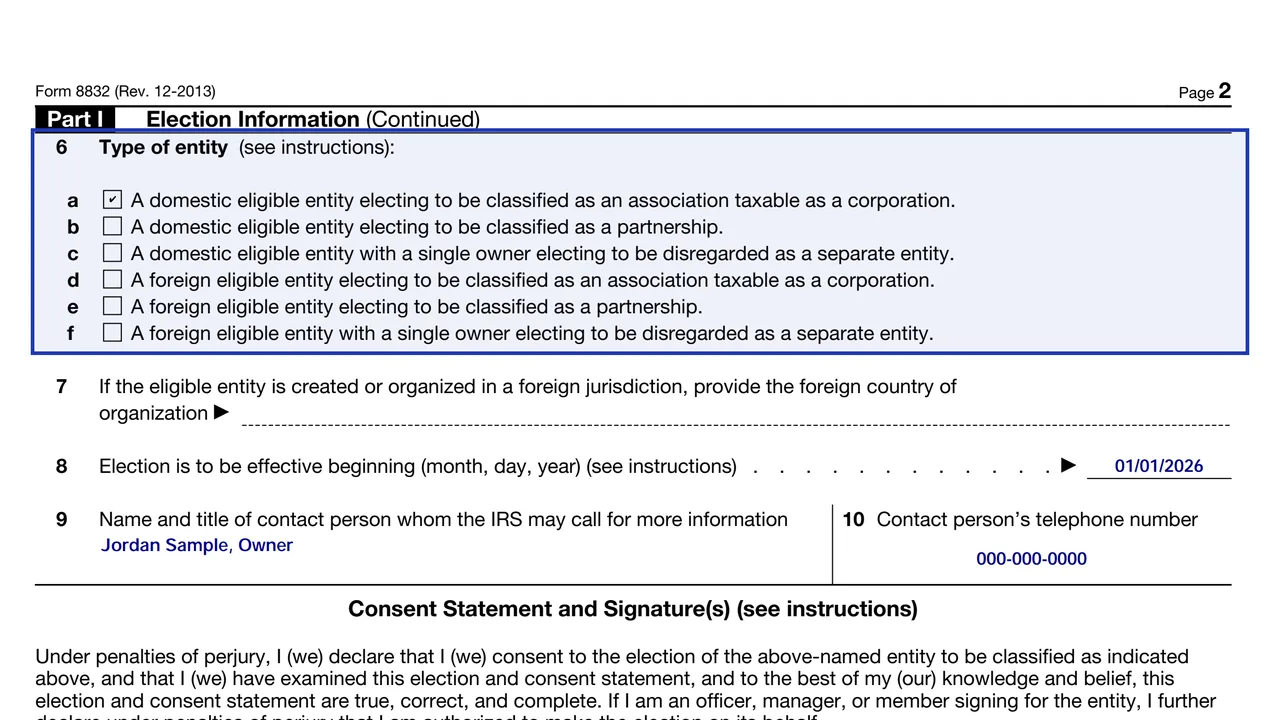 Line 6 of Form 8832 with the domestic association-taxable-as-a-corporation box checked