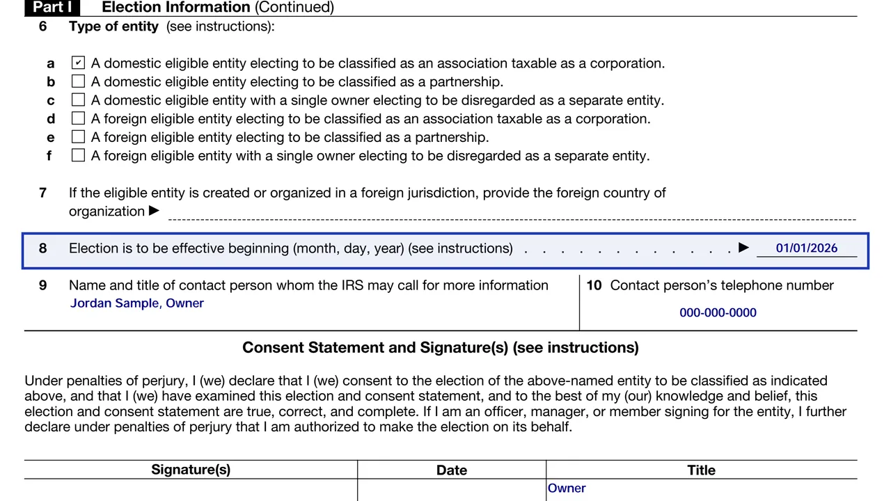 Line 8 of Form 8832 with an effective date inside 75 days before and 12 months after filing