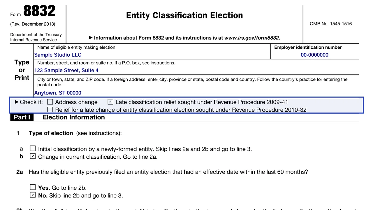 The late relief check boxes at the top of Form 8832 with the Revenue Procedure 2009-41 box checked