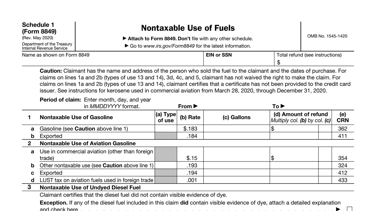 Top of page 1 of Schedule 1 (Form 8849): Nontaxable Use of Fuels, as printed by IRS