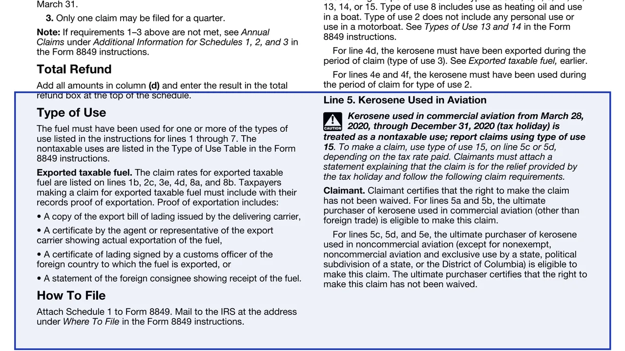 Line 5: kerosene used in aviation on page 3 of Schedule 1 (Form 8849): Nontaxable Use of Fuels, as printed by IRS
