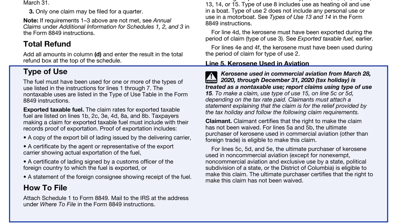 Type of use on page 3 of Schedule 1 (Form 8849): Nontaxable Use of Fuels, as printed by IRS