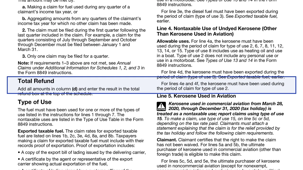 Total refund on page 3 of Schedule 1 (Form 8849): Nontaxable Use of Fuels, as printed by IRS