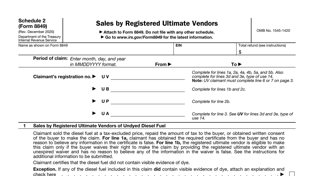 Top of page 1 of Schedule 2 (Form 8849): Sales by Registered Ultimate Vendors, as printed by IRS