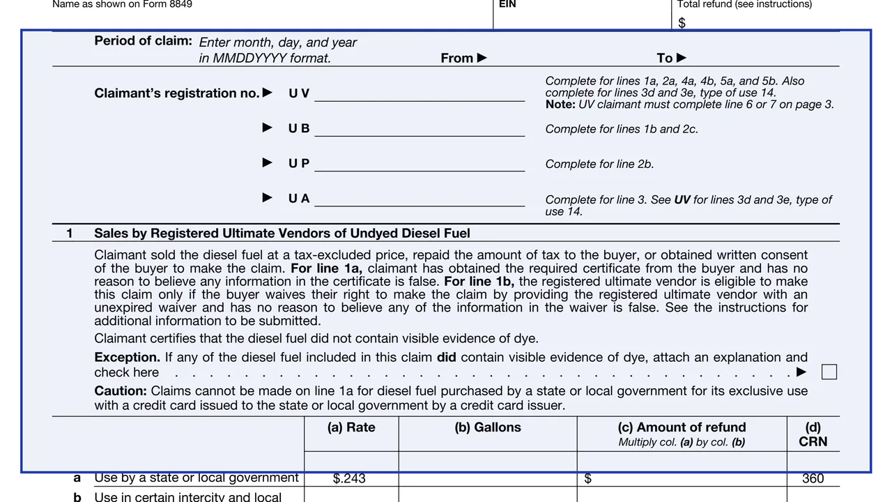 Period of claim on page 1 of Schedule 2 (Form 8849): Sales by Registered Ultimate Vendors, as printed by IRS
