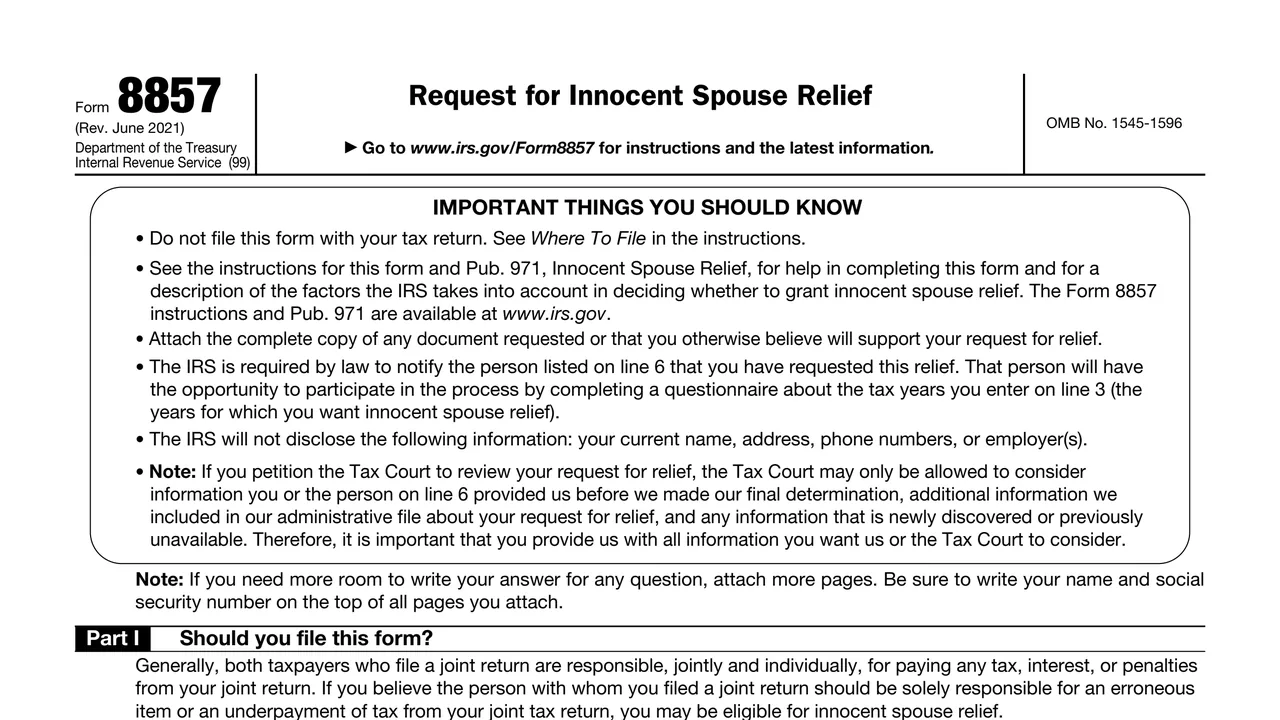 Top of page 1 of Form 8857: Request for Innocent Spouse Relief, as printed by IRS
