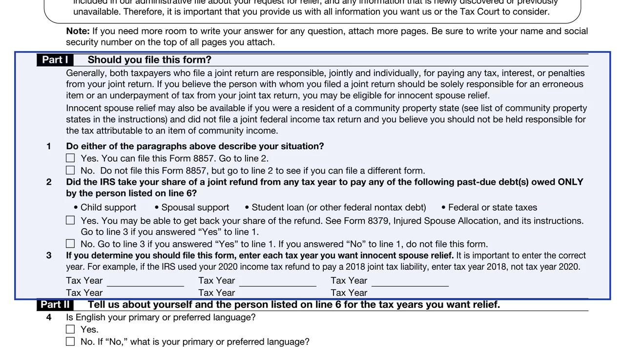 Part I: Should you file this form? on page 1 of Form 8857: Request for Innocent Spouse Relief, as printed by IRS