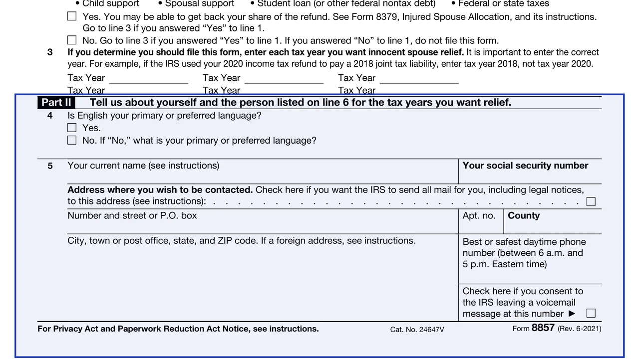 Part II: about you and the person on line 6 on page 1 of Form 8857: Request for Innocent Spouse Relief, as printed by IRS