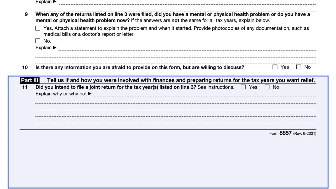 Part III: involvement with finances and returns on page 2 of Form 8857: Request for Innocent Spouse Relief, as printed by IRS