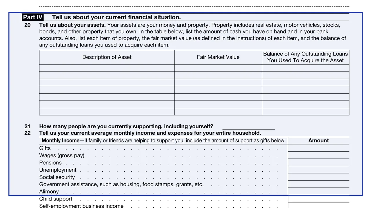 Part IV: current financial situation on page 4 of Form 8857: Request for Innocent Spouse Relief, as printed by IRS