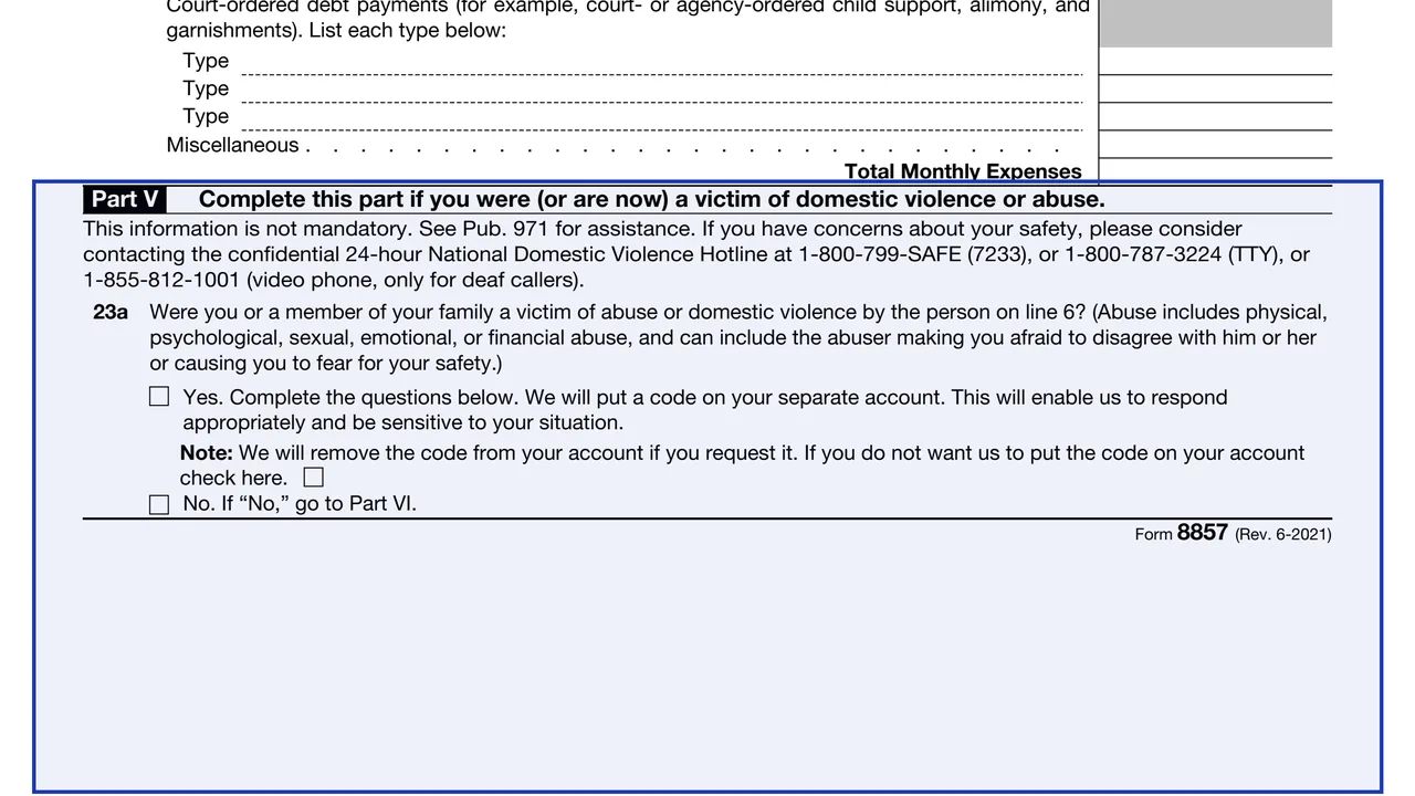 Part V: domestic violence or abuse on page 5 of Form 8857: Request for Innocent Spouse Relief, as printed by IRS